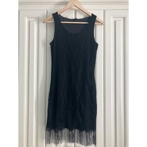 Venus Black Lacey Sleeveless MIDI Cocktail Dress With Tassled Hem XS